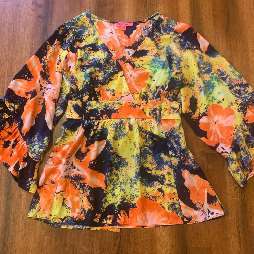 Betsy Johnson Floral Blouse Medium Orange Yellow Navy Ruffle Bell Sleeve Boho